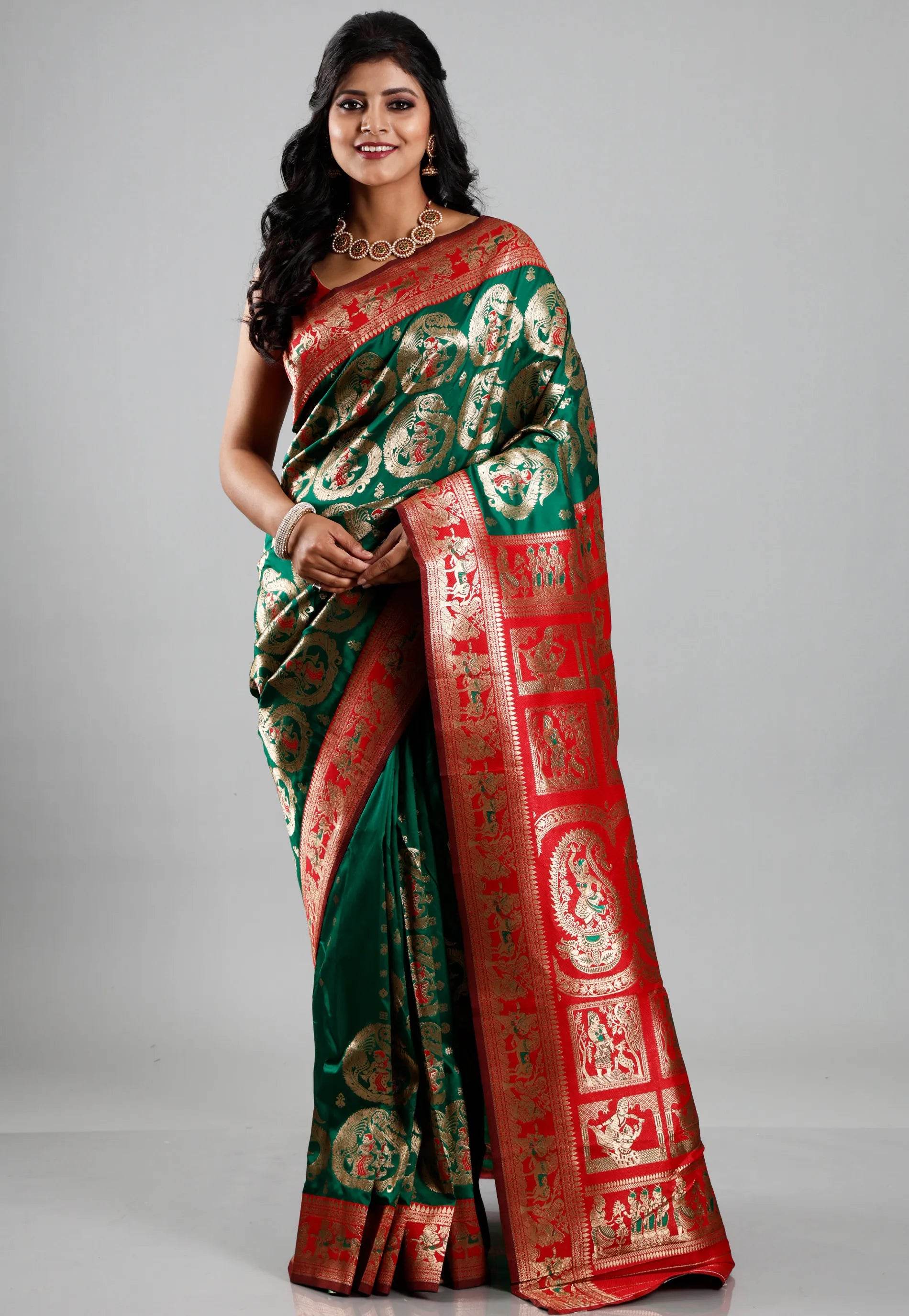 Bottle Green Red Border Baluchari Silk Saree with Blouse Piece - Adi Akshoy & Co.