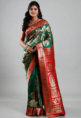Bottle Green Red Border Baluchari Silk Saree with Blouse Piece - Adi Akshoy & Co.