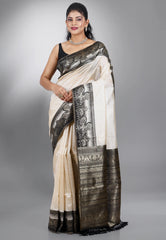 Off White with Black Border Tussar Silk Saree with Blouse Piece