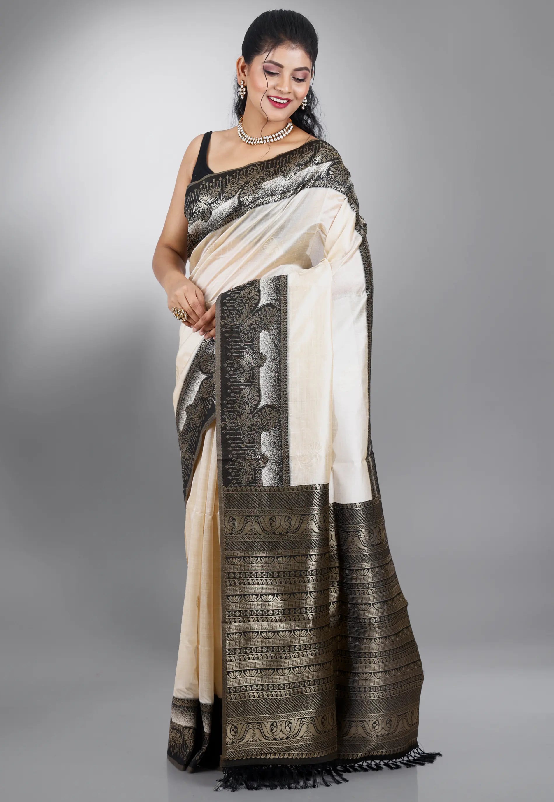 Off White with Black Border Tussar Silk Saree with Blouse Piece