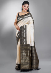 Off White with Black Border Tussar Silk Saree with Blouse Piece