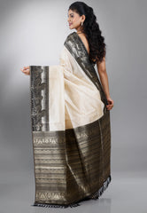 Off White with Black Border Tussar Silk Saree with Blouse Piece