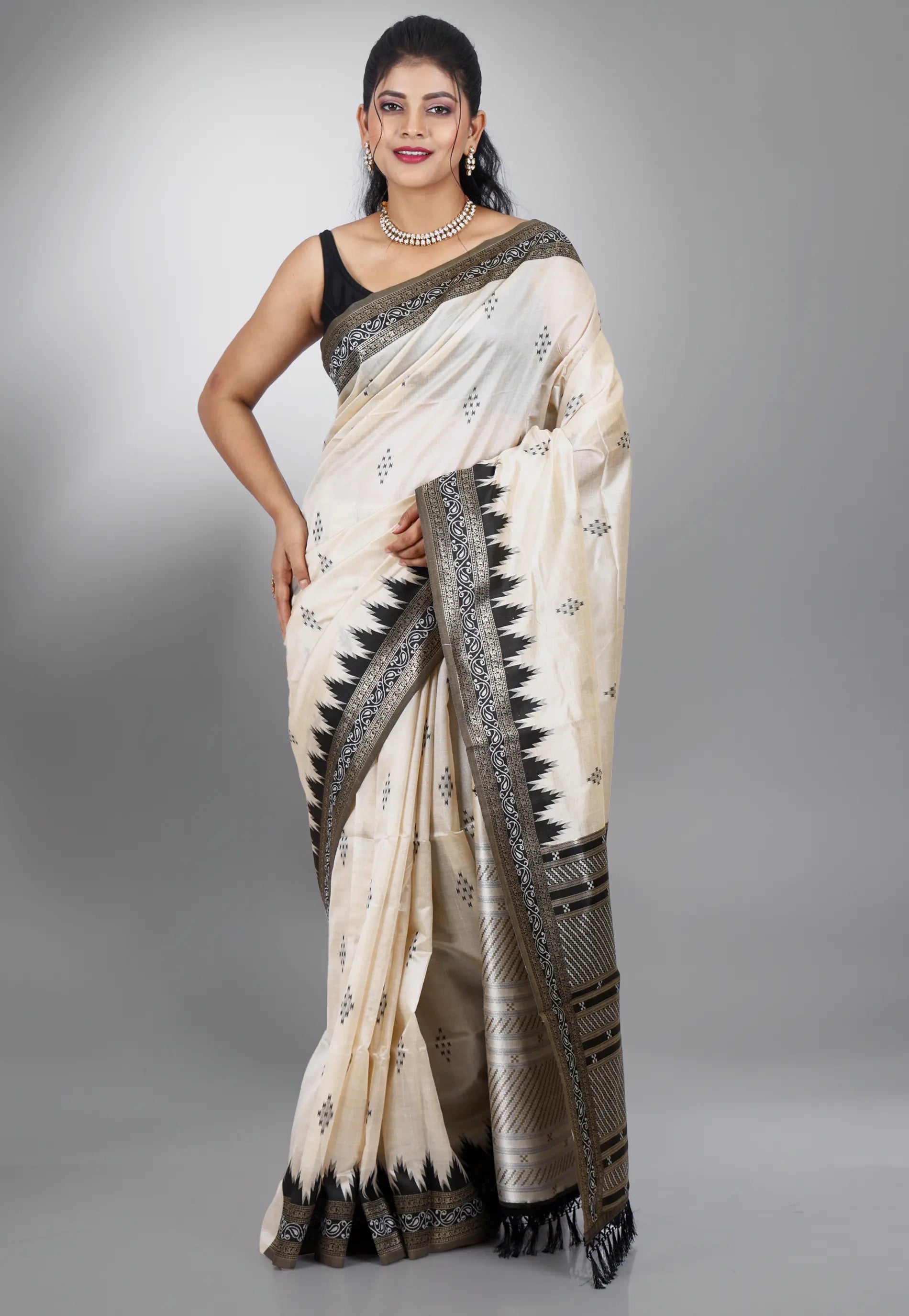 Off White with Black Border Tussar Silk Saree with Blouse Piece