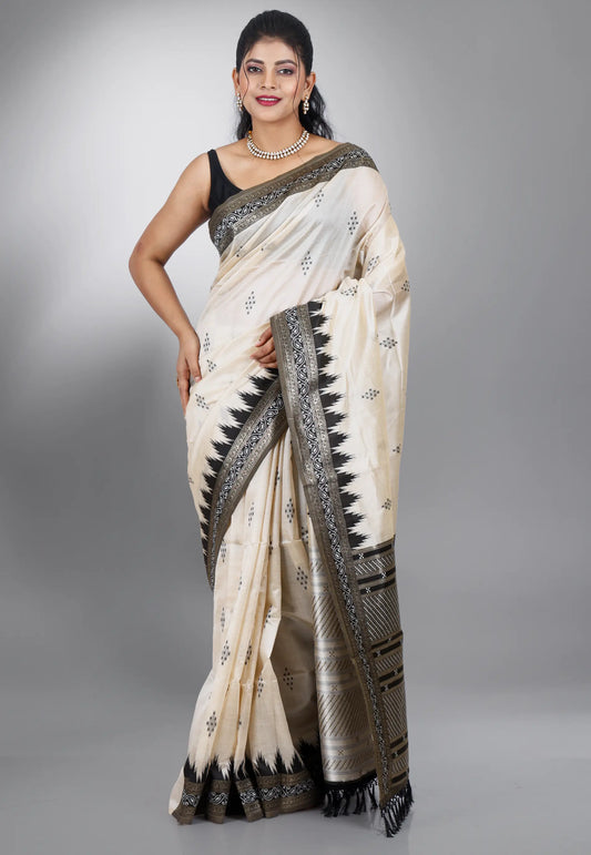 Off White with Black Border Tussar Silk Saree with Blouse Piece