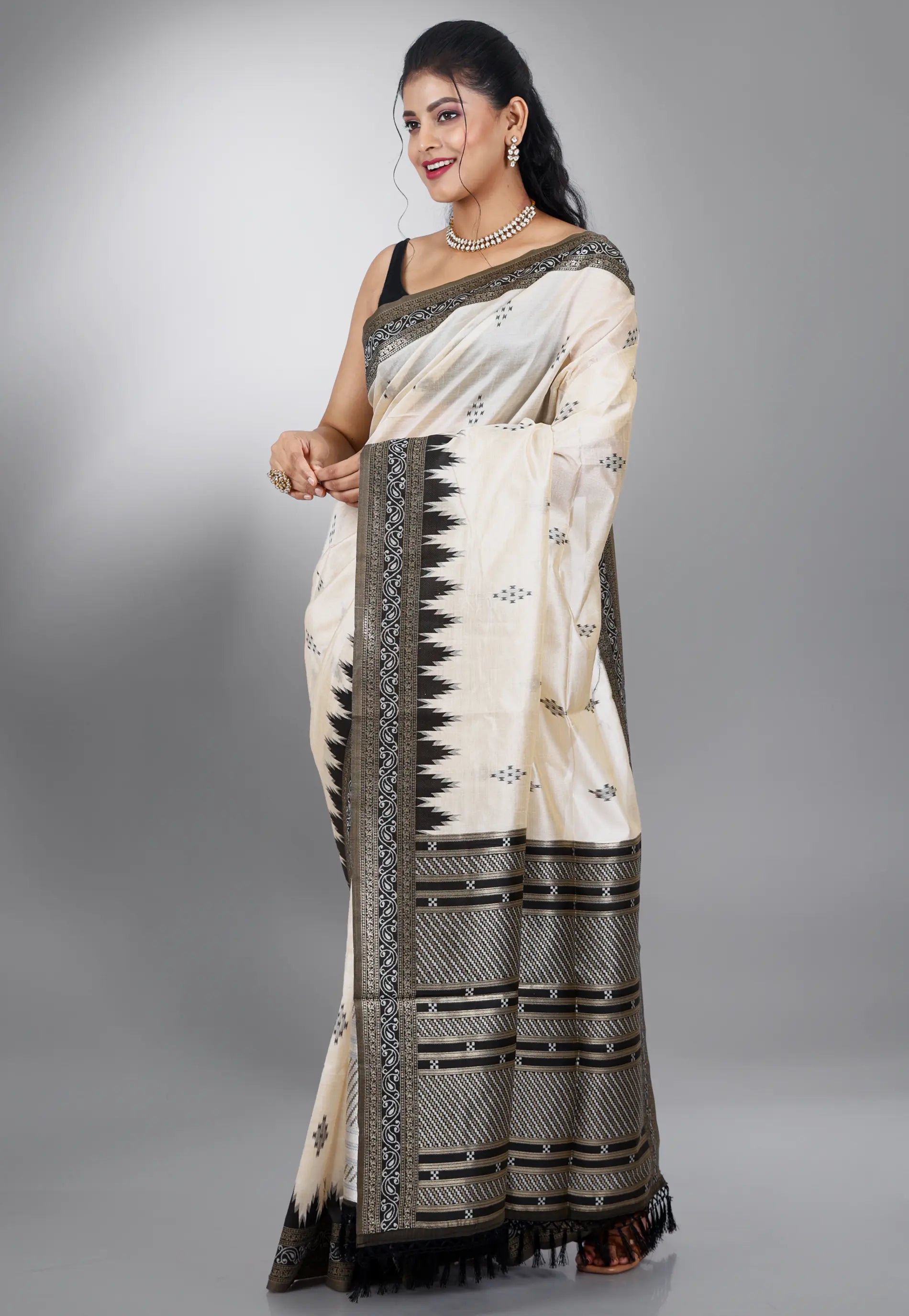 Off White with Black Border Tussar Silk Saree with Blouse Piece