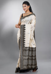 Off White with Black Border Tussar Silk Saree with Blouse Piece