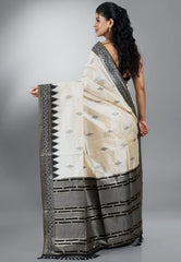Off White with Black Border Tussar Silk Saree with Blouse Piece