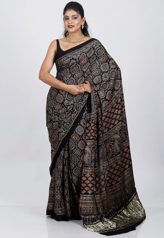Black Ajrakh Print in Modal Silk Saree With Blouse Piece