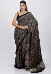 Black Ajrakh Print in Modal Silk Saree With Blouse Piece