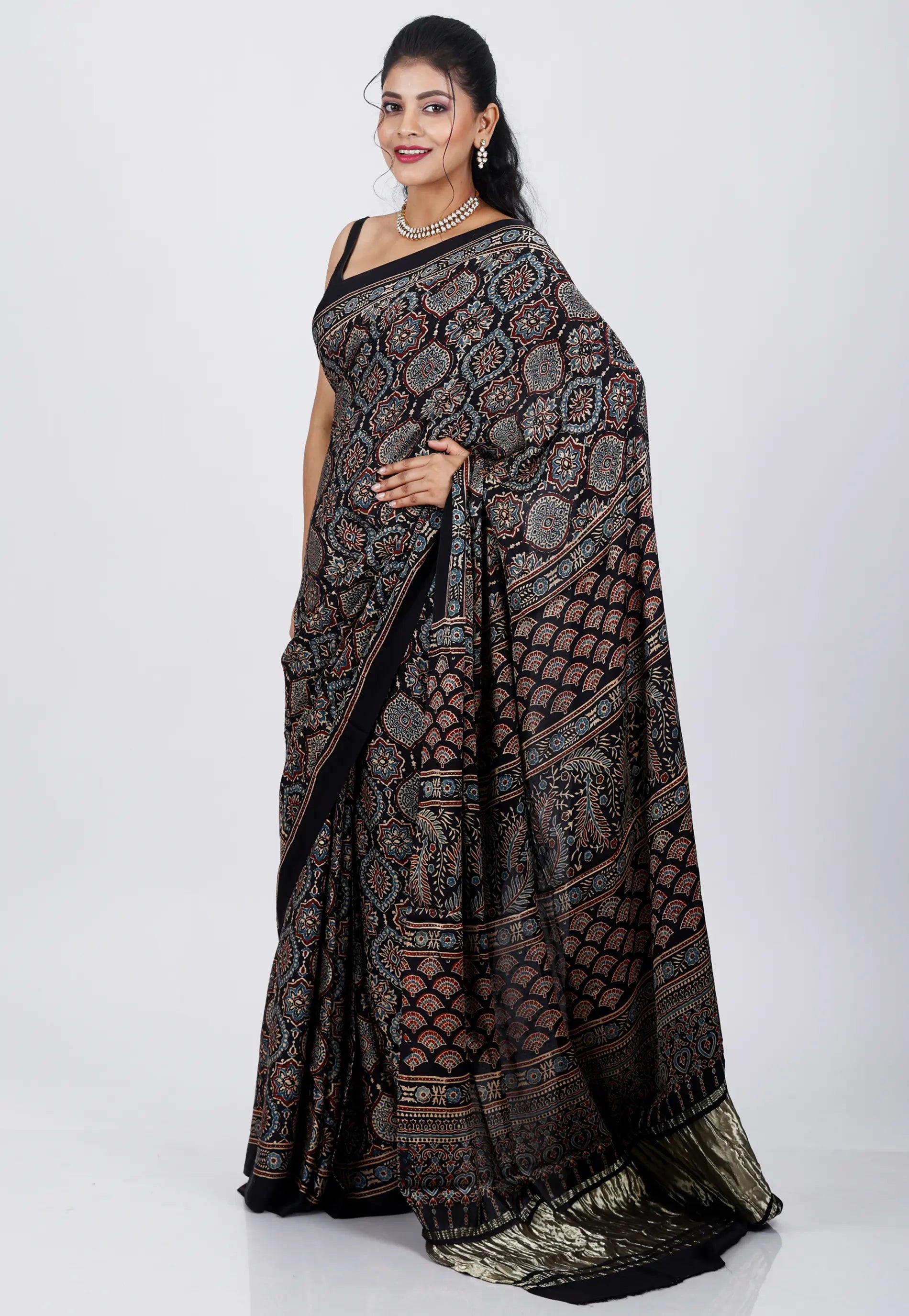 Black Ajrakh Print in Modal Silk Saree With Blouse Piece