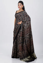 Black Ajrakh Print in Modal Silk Saree With Blouse Piece