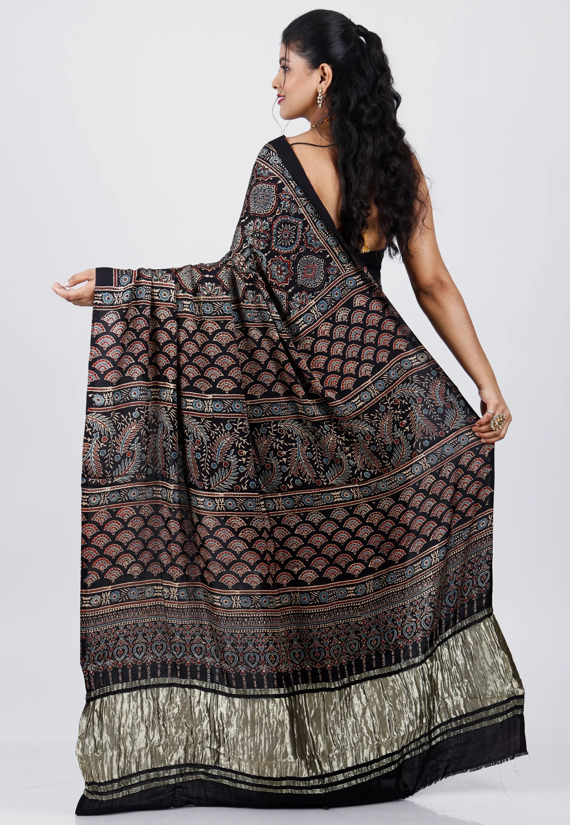 Black Ajrakh Print in Modal Silk Saree With Blouse Piece