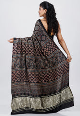 Black Ajrakh Print in Modal Silk Saree With Blouse Piece