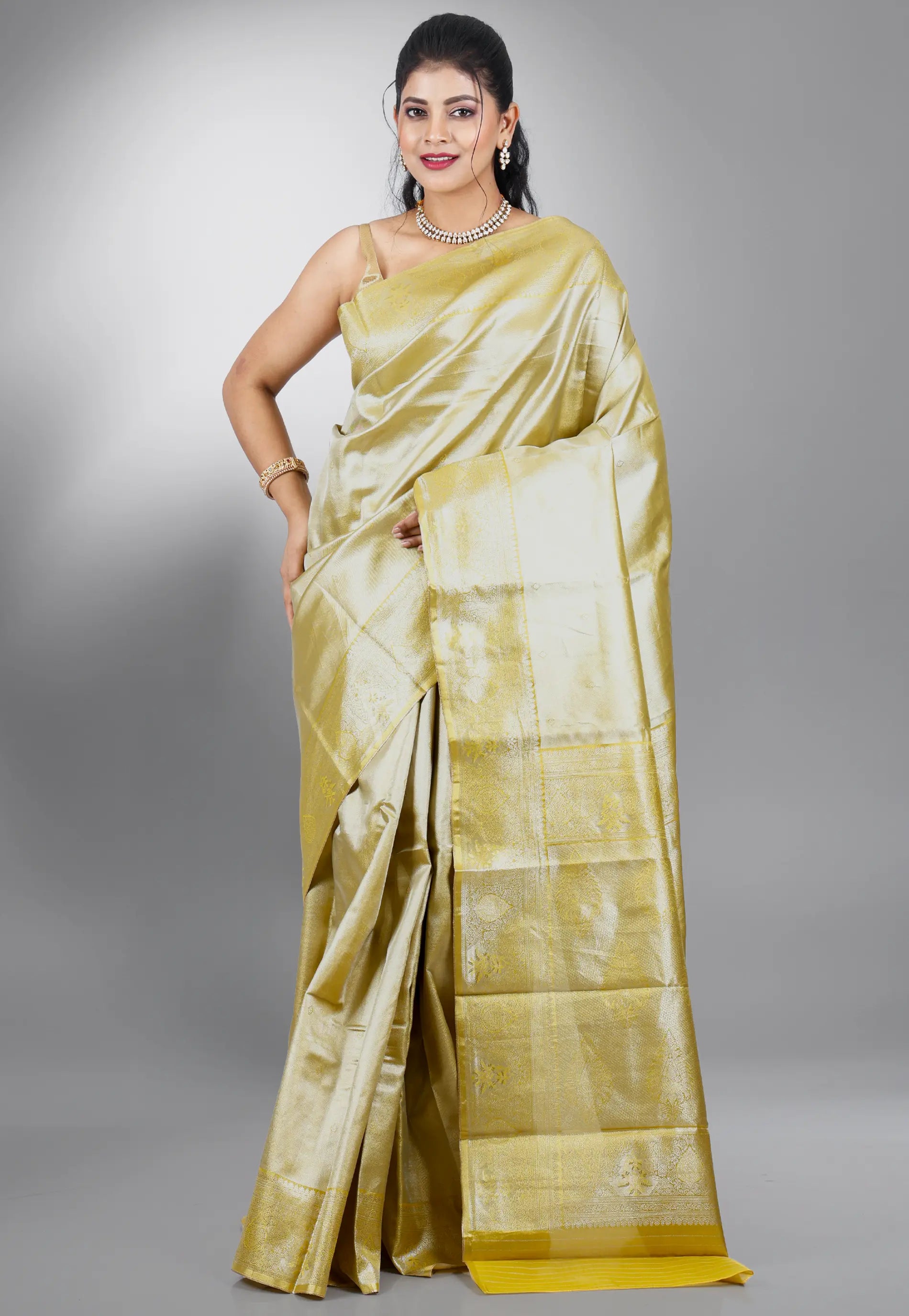Lime Green Tissue Kanjivaram Silk Saree With Blouse Piece