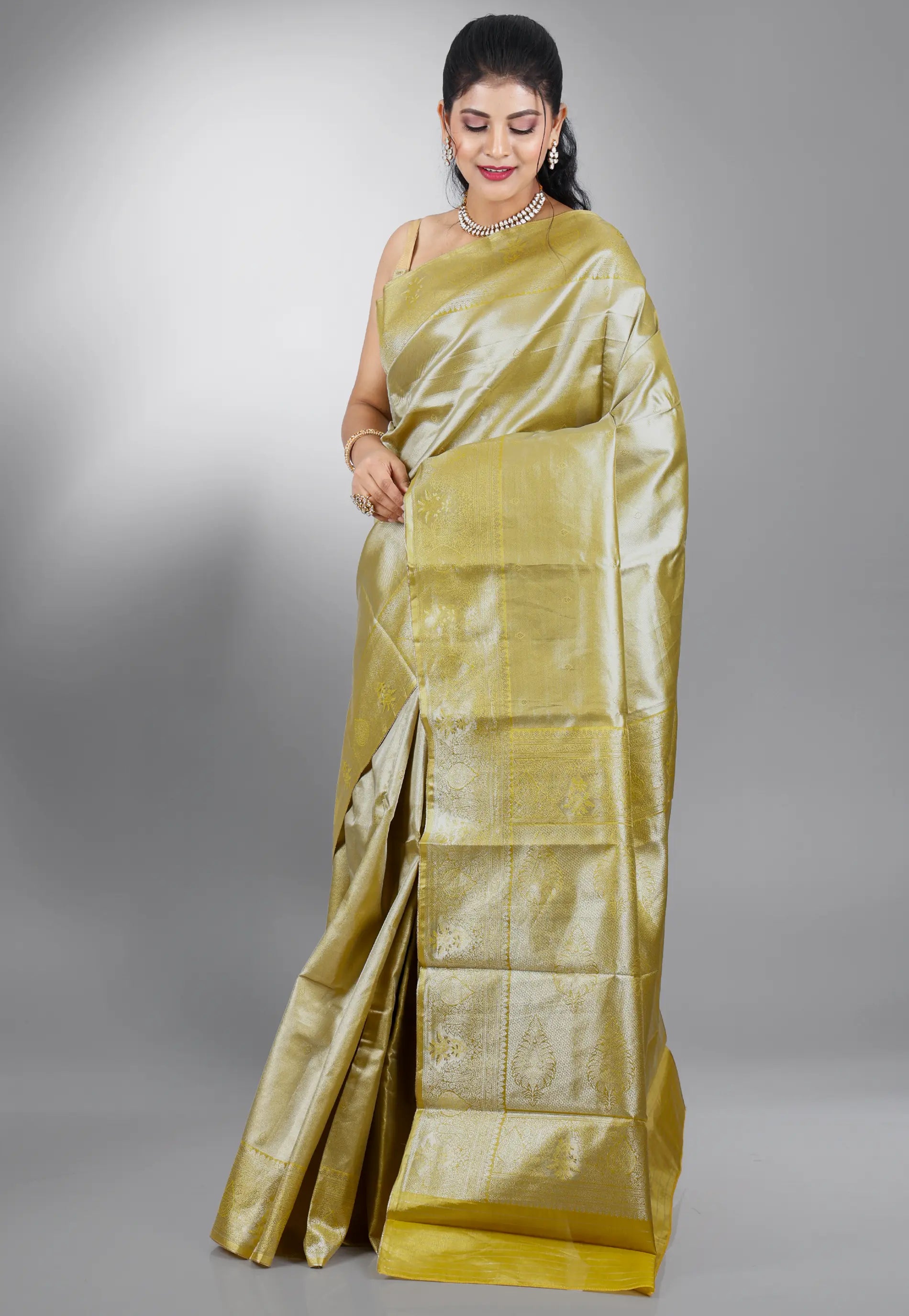 Lime Green Tissue Kanjivaram Silk Saree With Blouse Piece