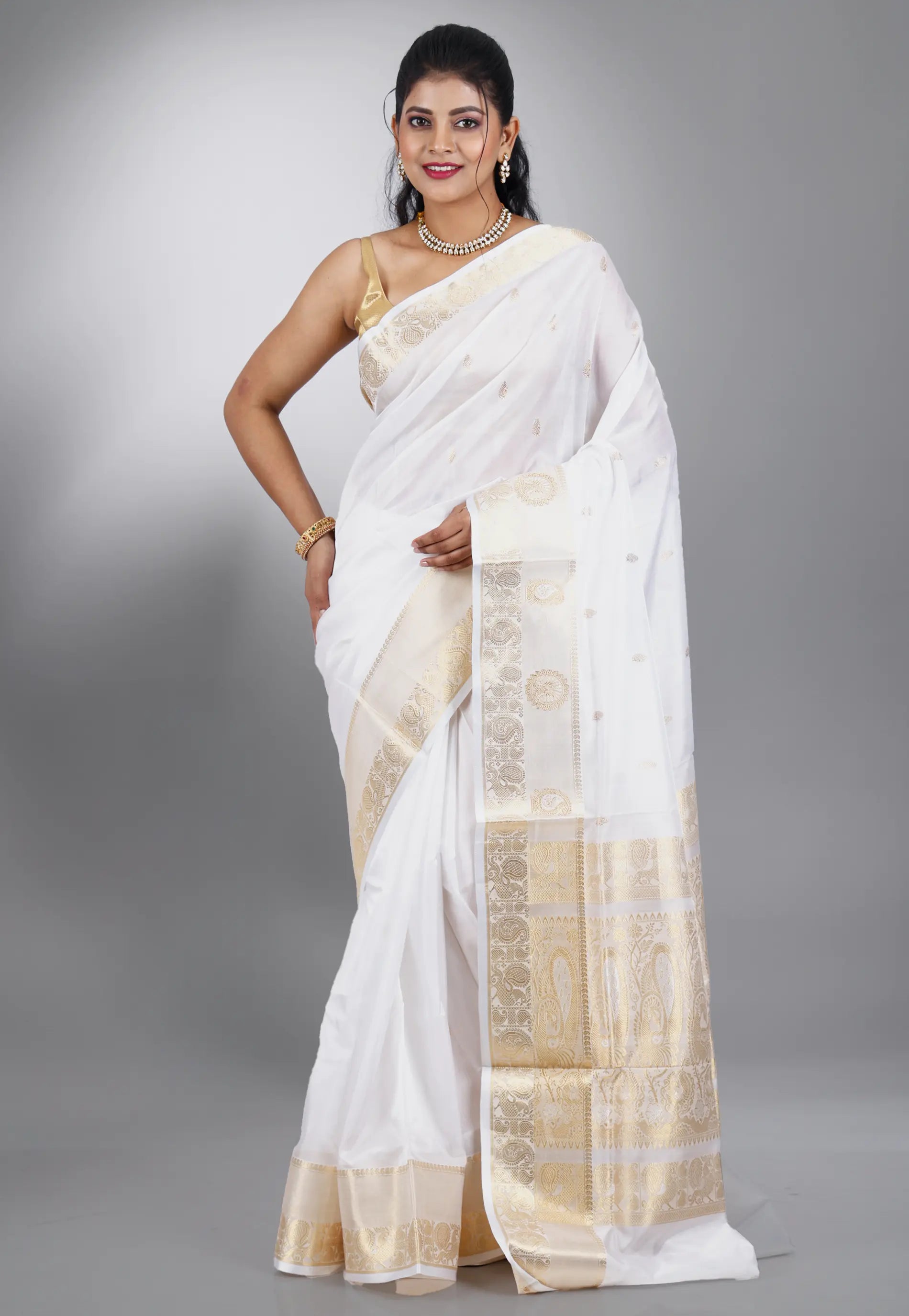 White with Golden Border Katan Silk Saree With Blouse Piece