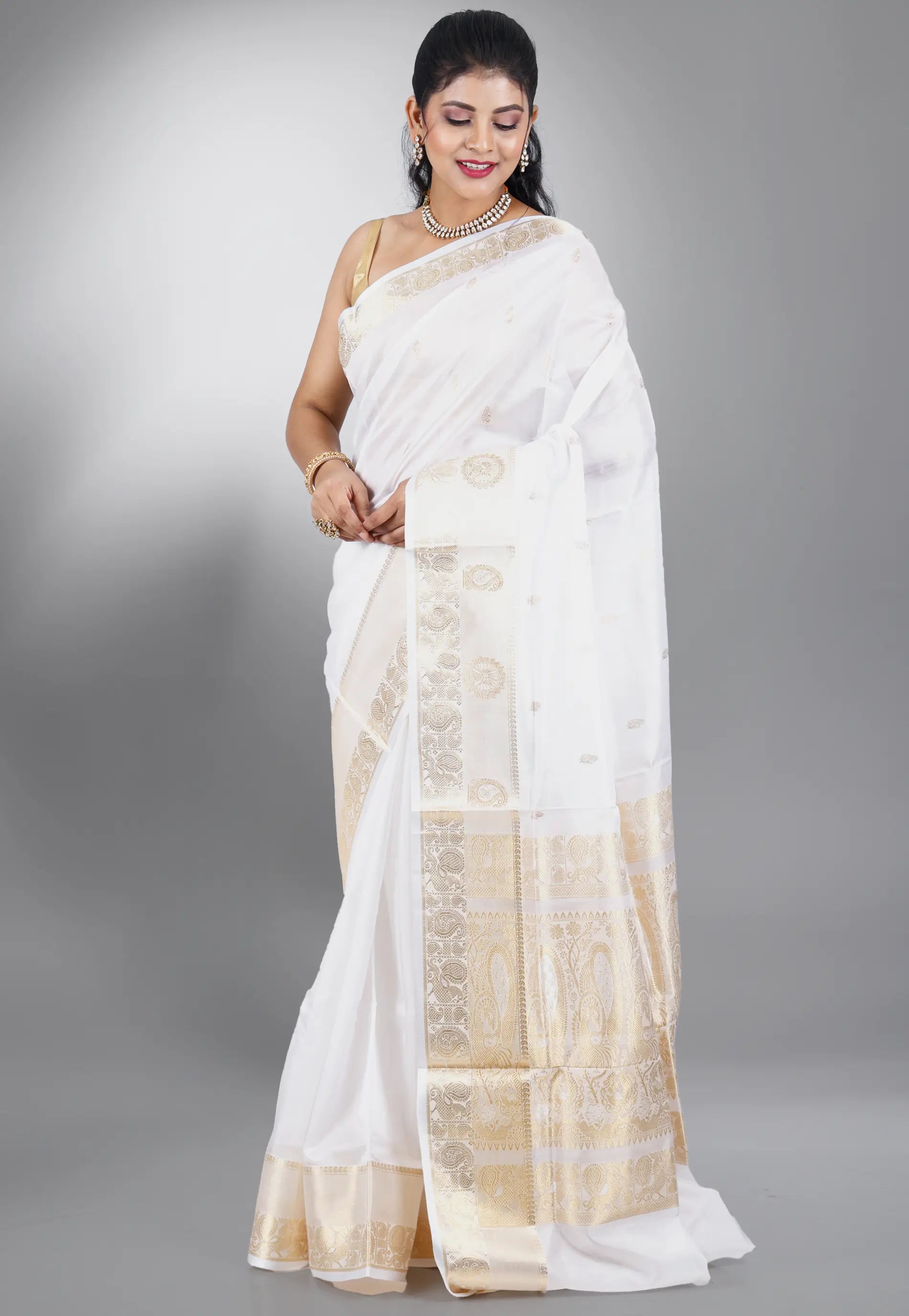 White with Golden Border Katan Silk Saree With Blouse Piece