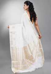 White with Golden Border Katan Silk Saree With Blouse Piece
