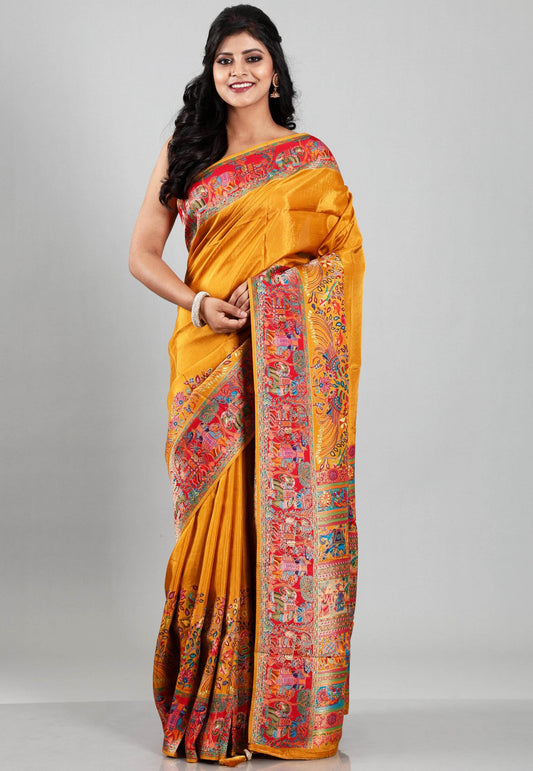 Mustard Kani Silk Saree With Blouse Piece - Adi Akshoy & Co.