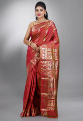 Dual Shades of Red Baluchari Pure Silk Saree with Blouse Piece