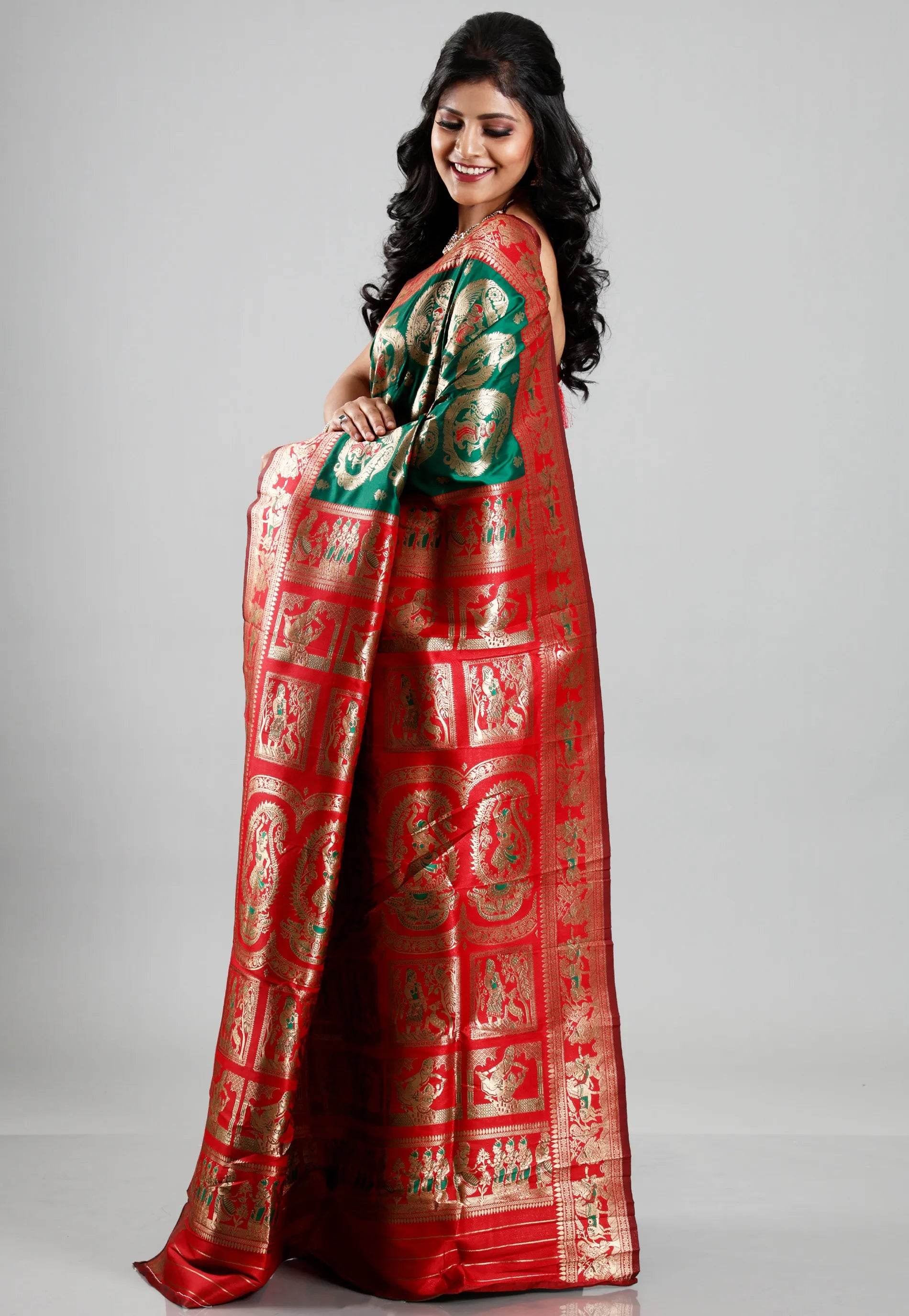 Bottle Green Red Border Baluchari Silk Saree with Blouse Piece - Adi Akshoy & Co.