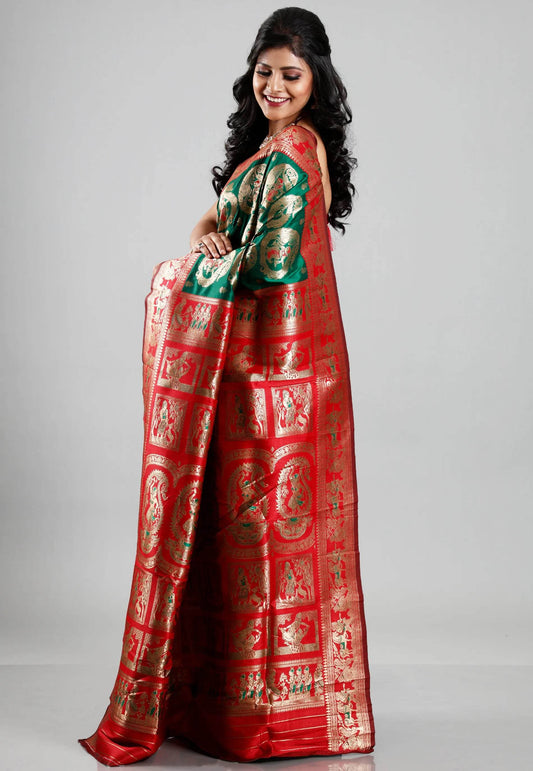 Bottle Green Red Border Baluchari Silk Saree with Blouse Piece - Adi Akshoy & Co.