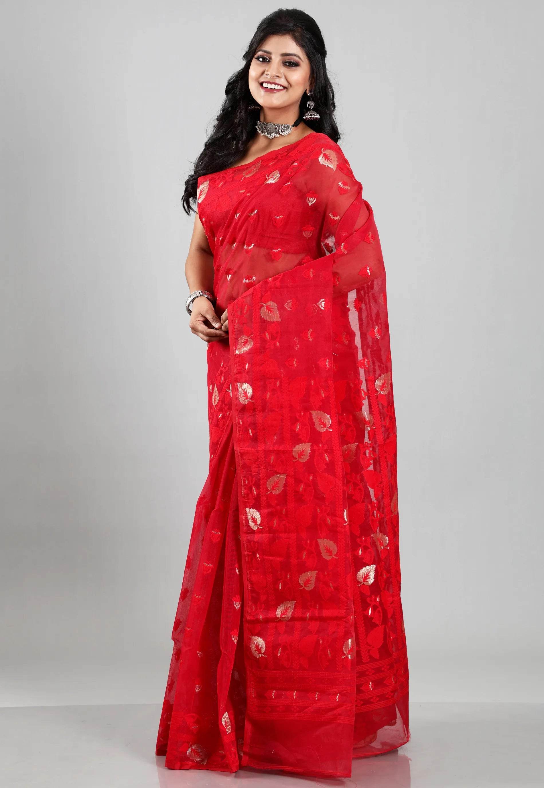 Red Dhakai Jamdani Cotton Saree without Blouse Piece - Adi Akshoy & Co.