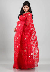 Red Dhakai Jamdani Cotton Saree without Blouse Piece - Adi Akshoy & Co.