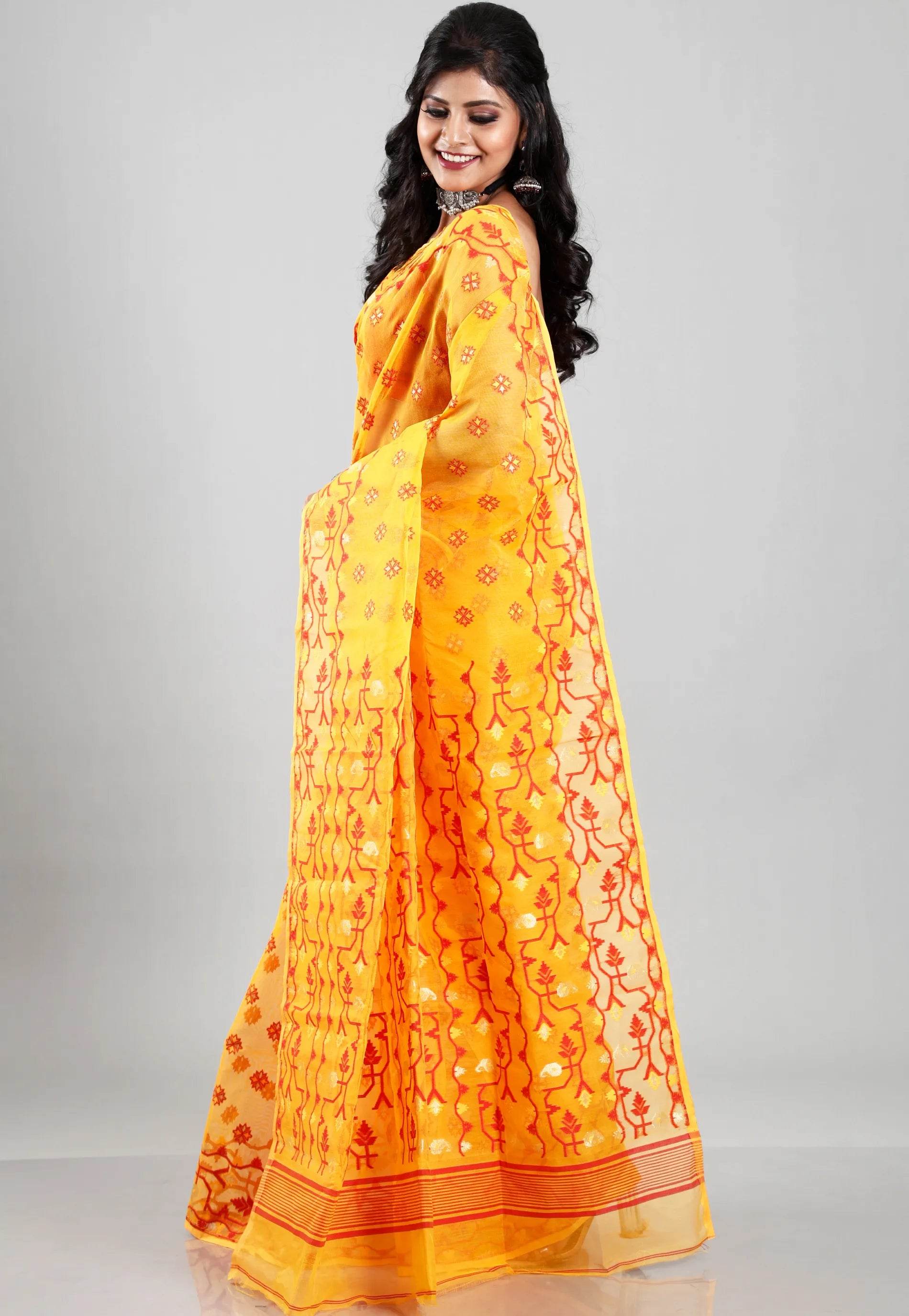 Yellow Dhakai Jamdani Cotton Saree without Blouse Piece - Adi Akshoy & Co.
