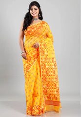 Yellow Dhakai Jamdani Cotton Saree without Blouse Piece - Adi Akshoy & Co.