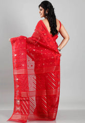 Red Dhakai Jamdani Cotton Saree without Blouse Piece - Adi Akshoy & Co.