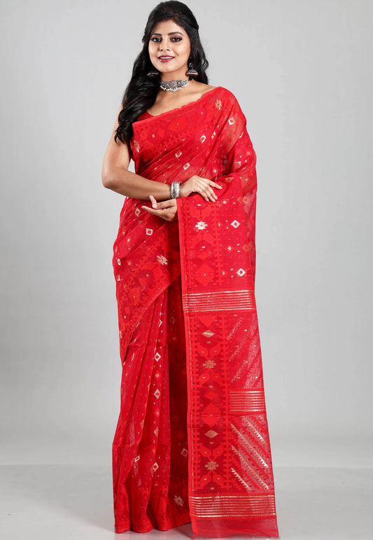 Red Dhakai Jamdani Cotton Saree without Blouse Piece - Adi Akshoy & Co.