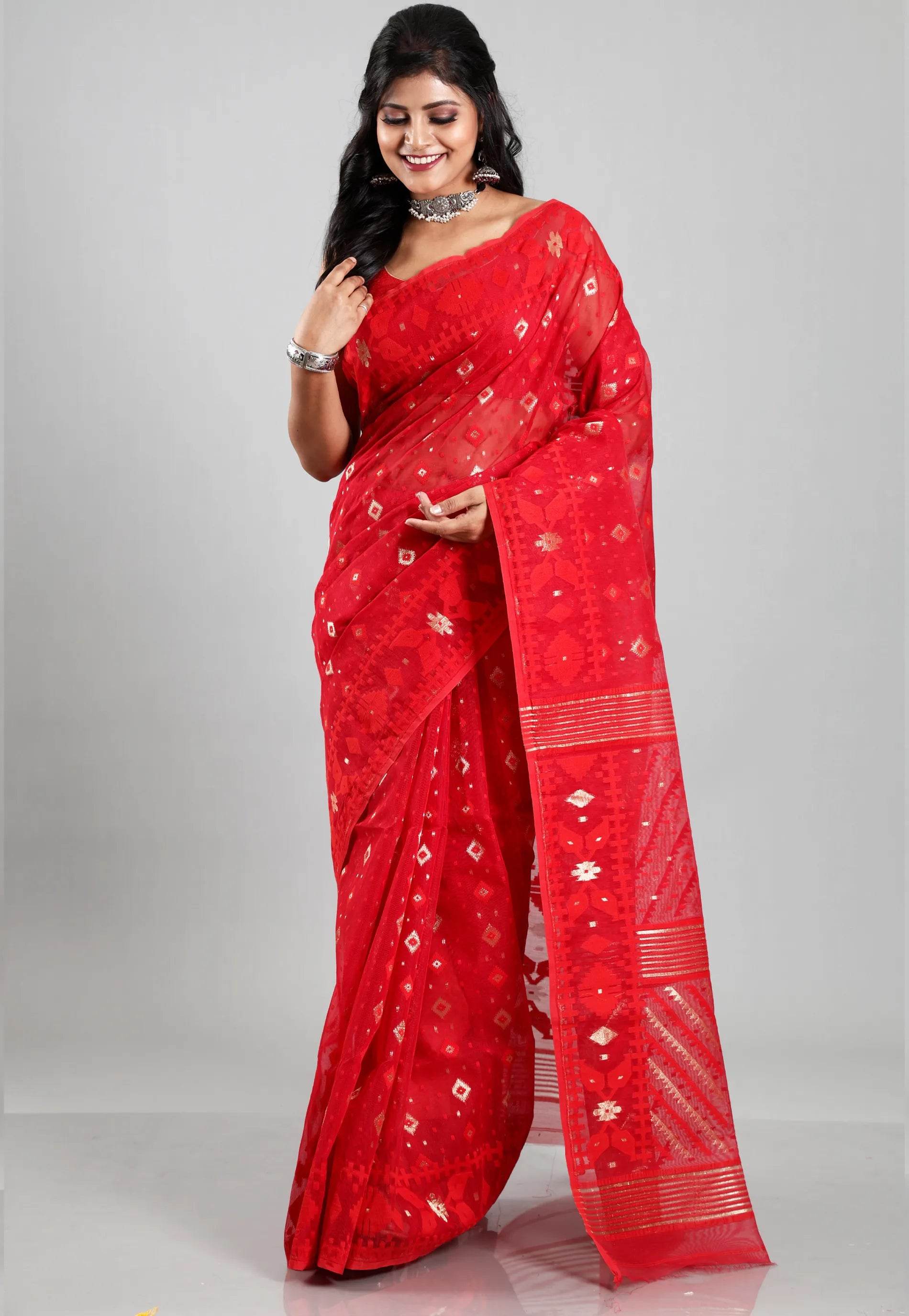 Red Dhakai Jamdani Cotton Saree without Blouse Piece - Adi Akshoy & Co.