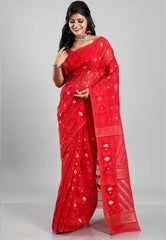 Red Dhakai Jamdani Cotton Saree without Blouse Piece - Adi Akshoy & Co.