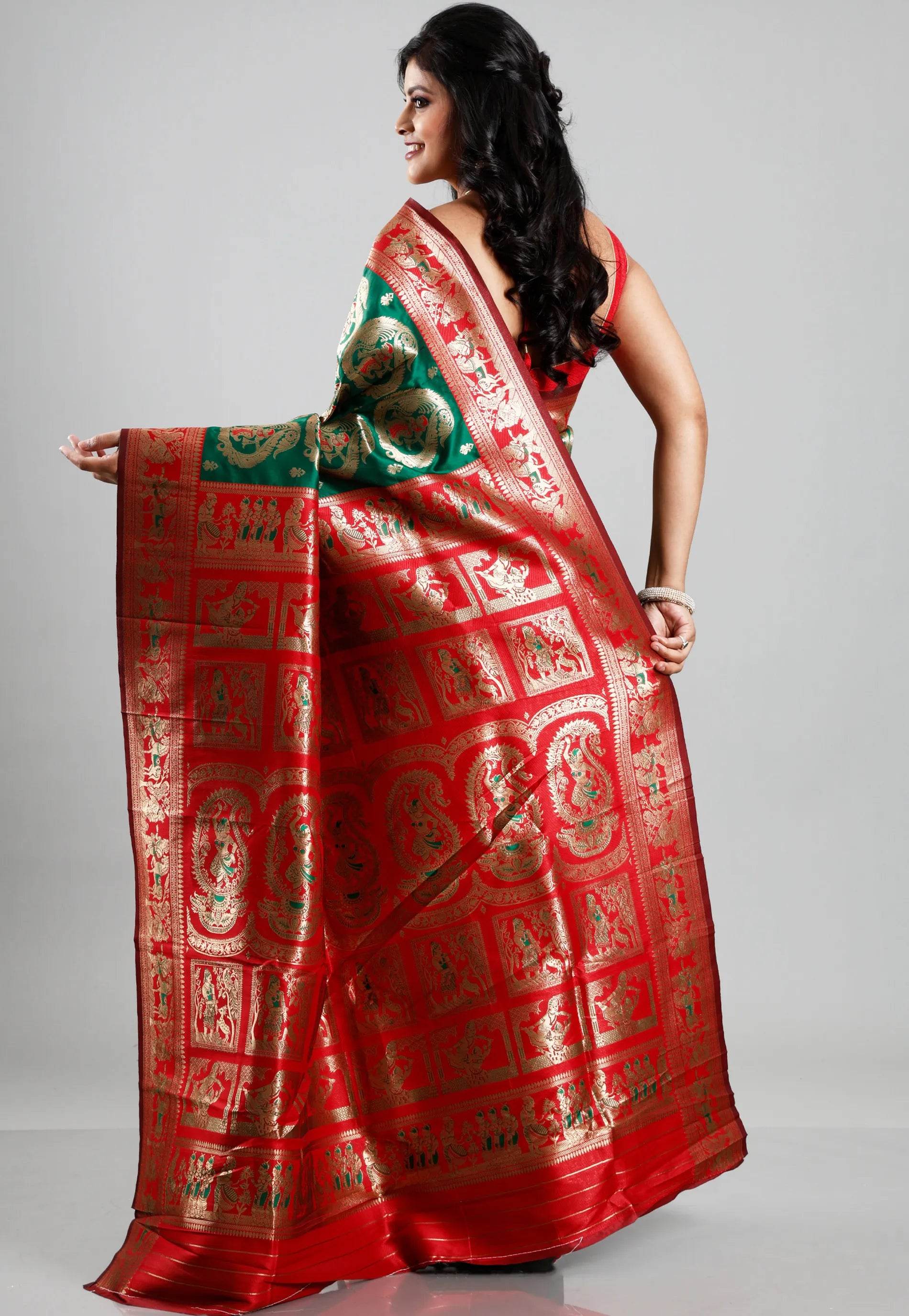 Bottle Green Red Border Baluchari Silk Saree with Blouse Piece - Adi Akshoy & Co.