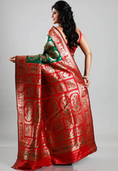 Bottle Green Red Border Baluchari Silk Saree with Blouse Piece - Adi Akshoy & Co.
