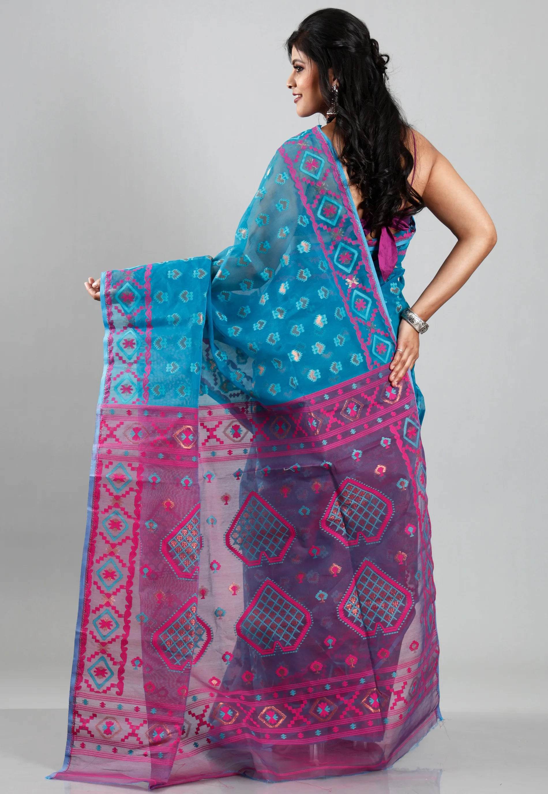 Rama Green Dhakai Jamdani Cotton Saree without Blouse Piece - Adi Akshoy & Co.