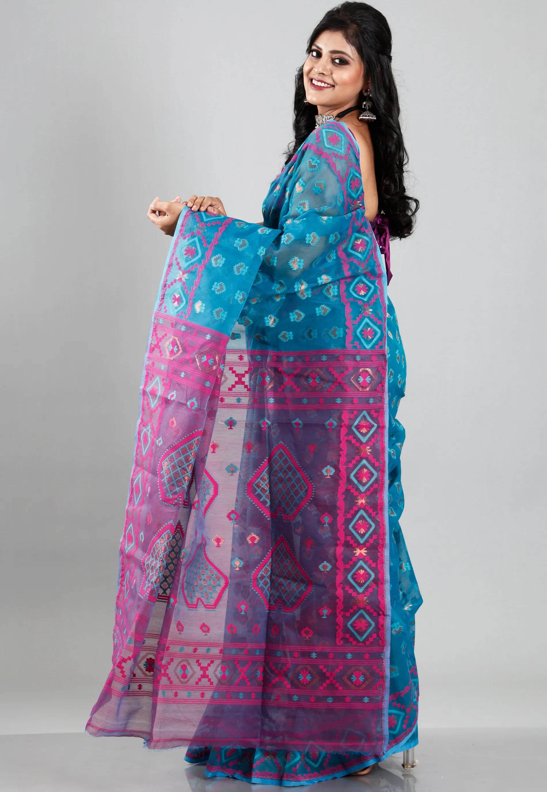 Rama Green Dhakai Jamdani Cotton Saree without Blouse Piece - Adi Akshoy & Co.