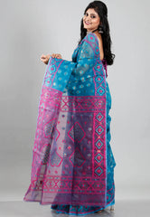 Rama Green Dhakai Jamdani Cotton Saree without Blouse Piece - Adi Akshoy & Co.