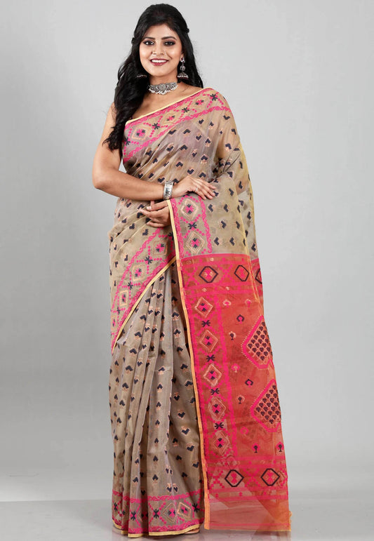 Dual Mustard Dhakai Jamdani Cotton Saree without Blouse Piece - Adi Akshoy & Co.