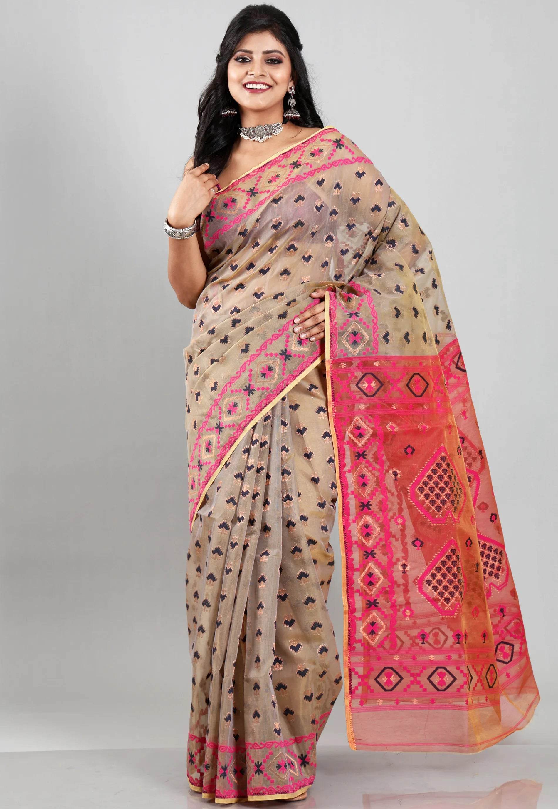 Dual Mustard Dhakai Jamdani Cotton Saree without Blouse Piece - Adi Akshoy & Co.