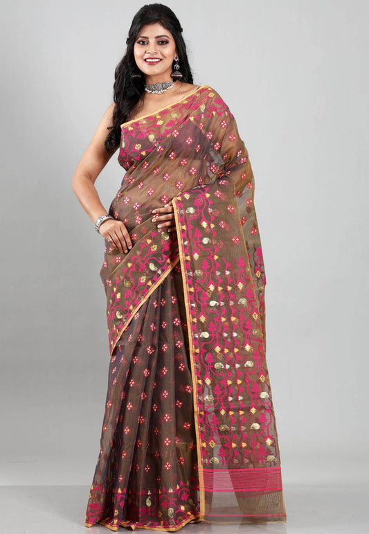 Cross Coffee Dhakai Jamdani Cotton Saree without Blouse Piece - Adi Akshoy & Co.