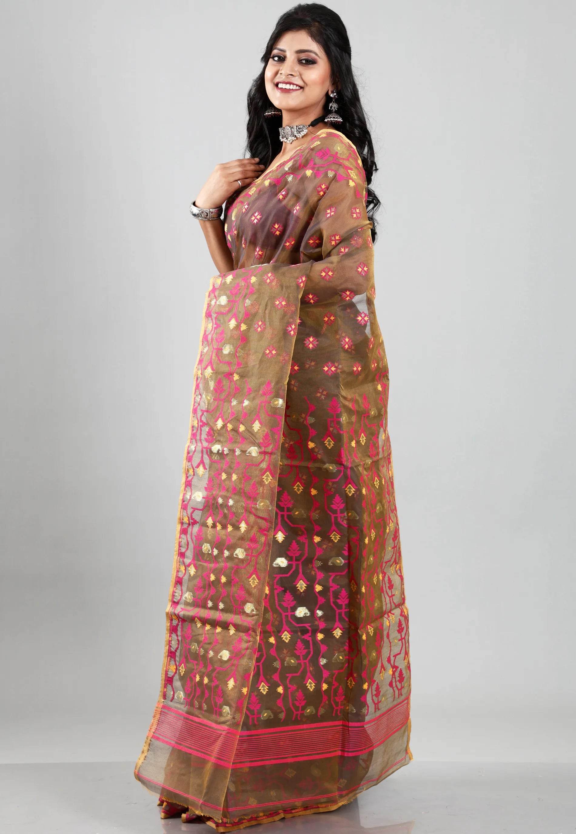 Cross Coffee Dhakai Jamdani Cotton Saree without Blouse Piece - Adi Akshoy & Co.