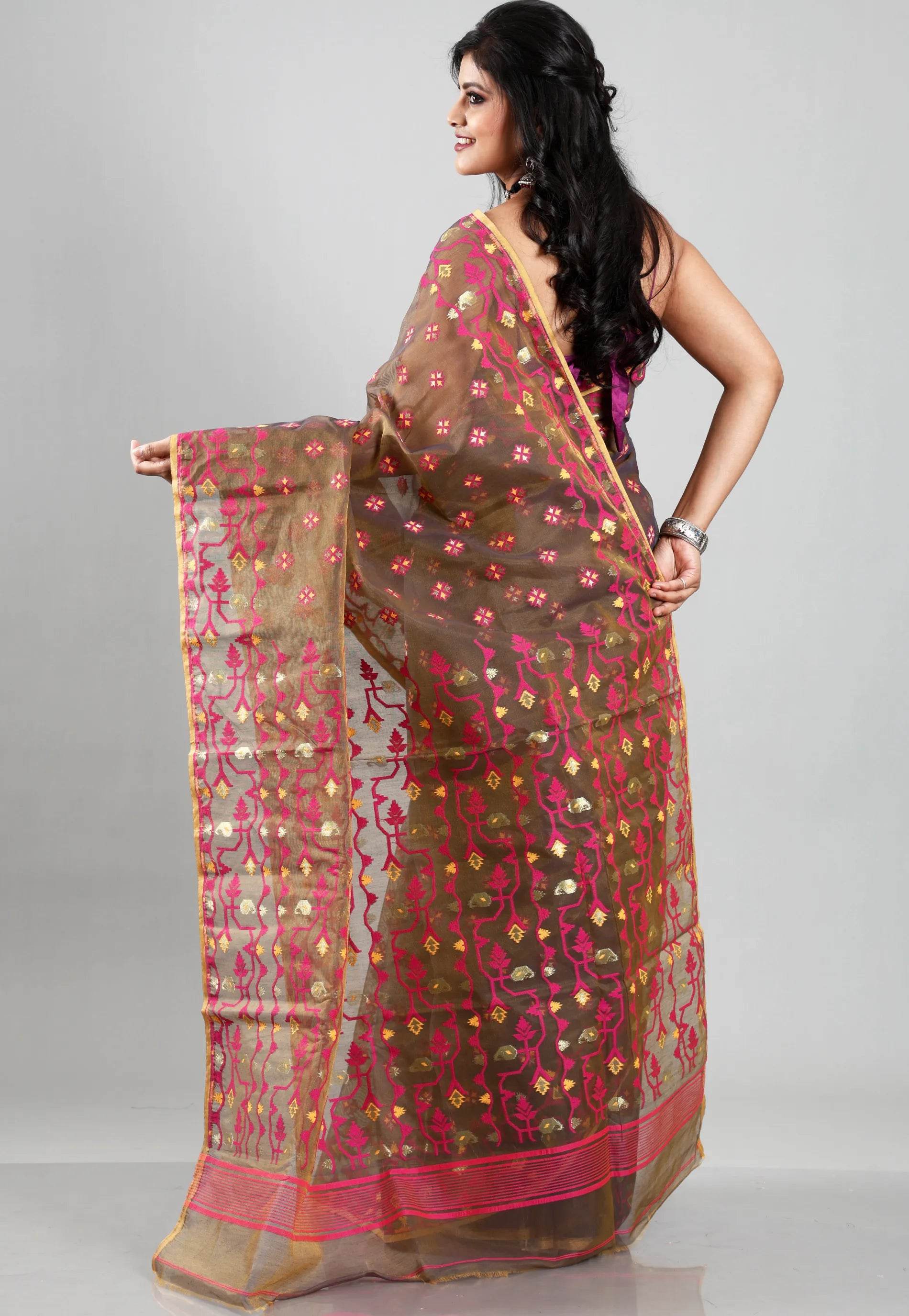 Cross Coffee Dhakai Jamdani Cotton Saree without Blouse Piece - Adi Akshoy & Co.