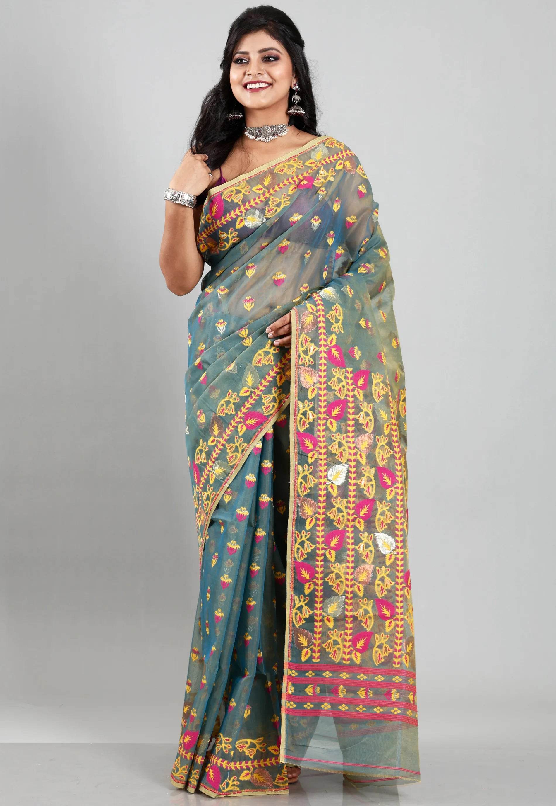 Peacock Blue Dhakai Jamdani Cotton Saree without Blouse Piece - Adi Akshoy & Co.