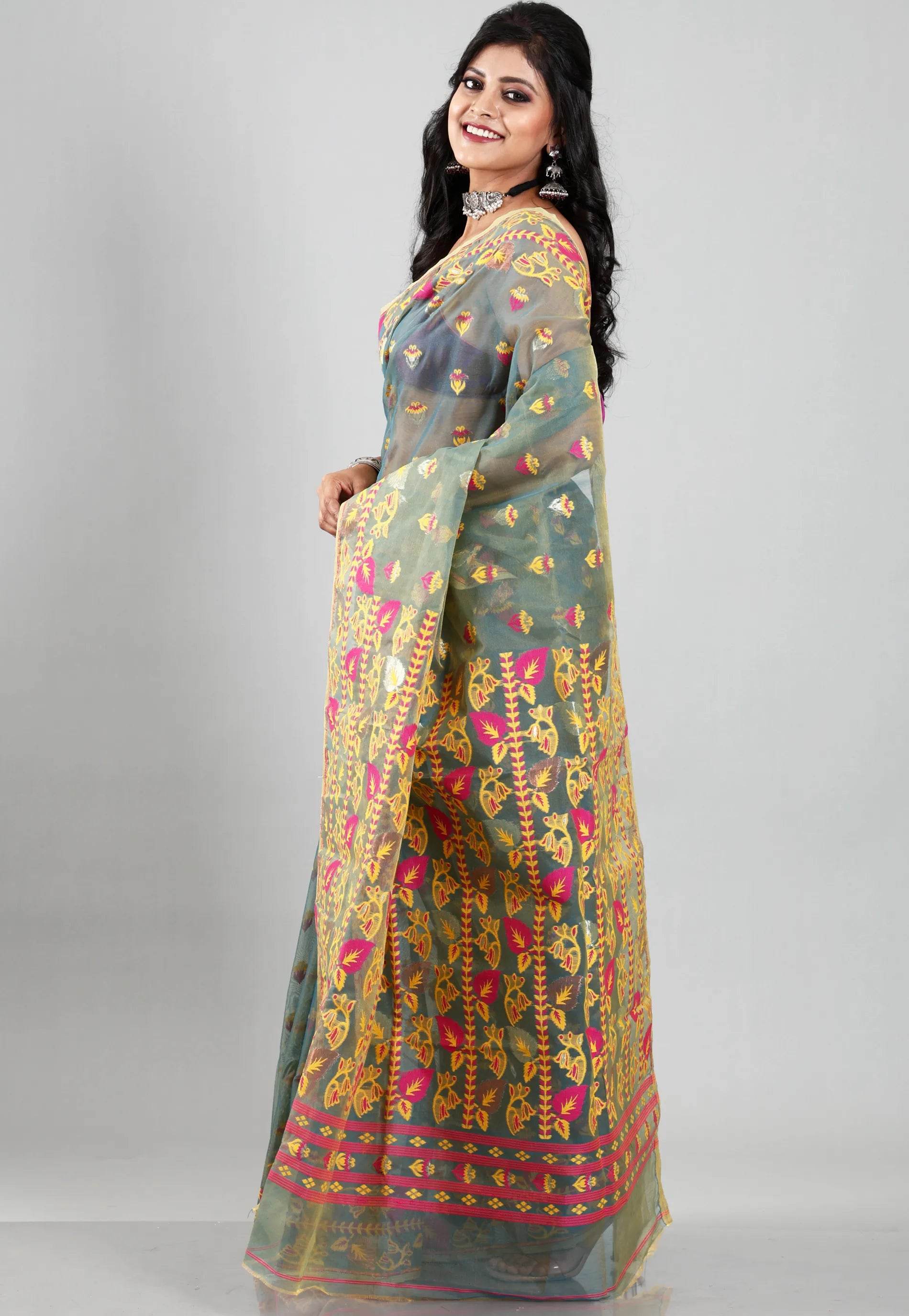 Peacock Blue Dhakai Jamdani Cotton Saree without Blouse Piece - Adi Akshoy & Co.