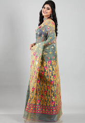Peacock Blue Dhakai Jamdani Cotton Saree without Blouse Piece - Adi Akshoy & Co.