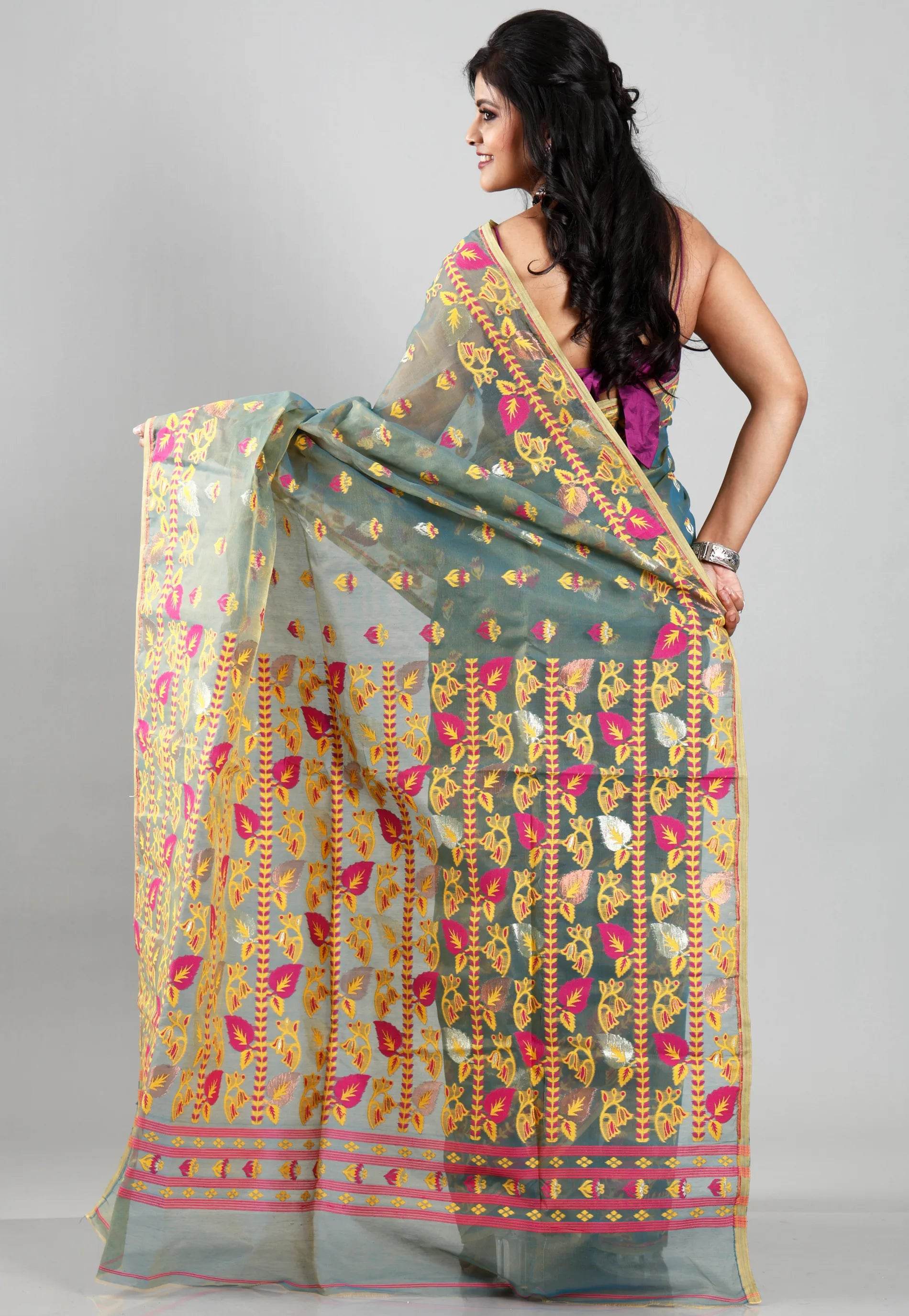 Peacock Blue Dhakai Jamdani Cotton Saree without Blouse Piece - Adi Akshoy & Co.