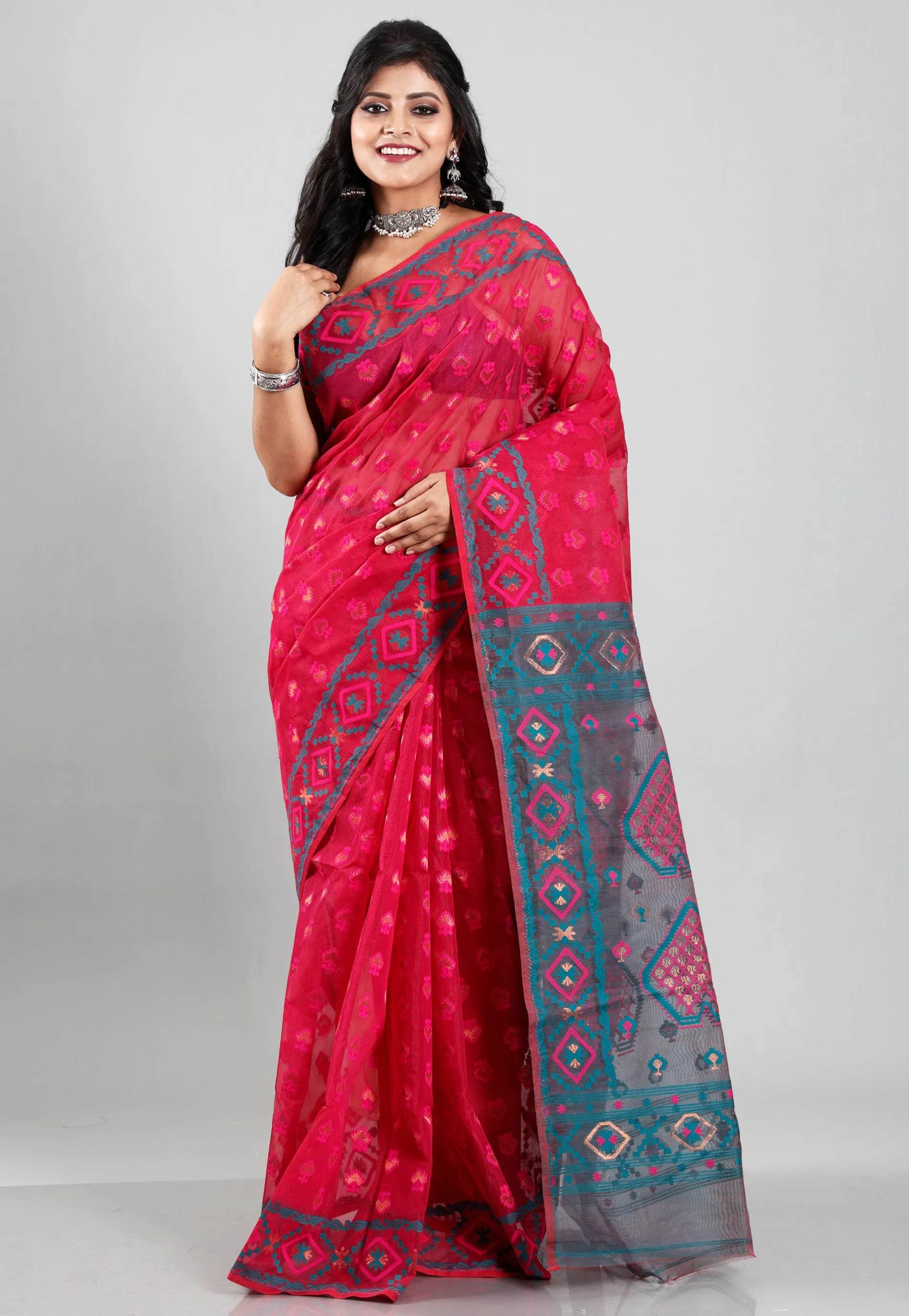 Rani Dhakai Jamdani Cotton Saree without Blouse Piece - Adi Akshoy & Co.