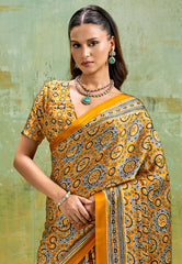 Mustard Yellow Ajrakh Print Modal Silk Saree With Blouse Piece - Adi Akshoy & Co.